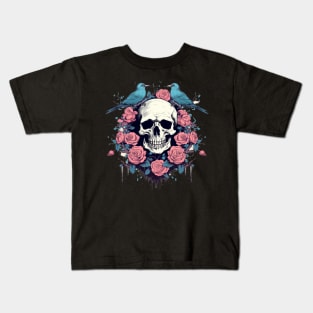 Skull with Roses and Birds Kids T-Shirt